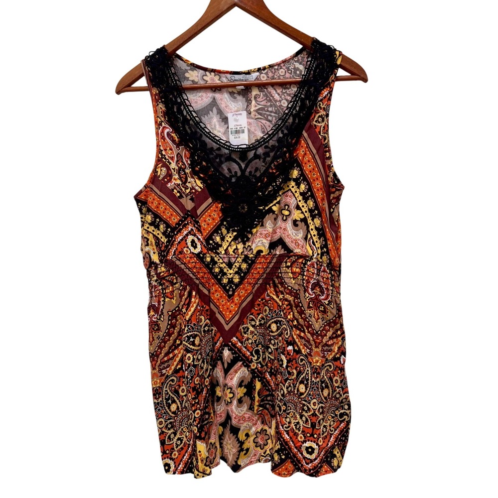 Speechless VTG Womens Paisley Sleeveless Top Black Crochet Lace Smocked L NWT